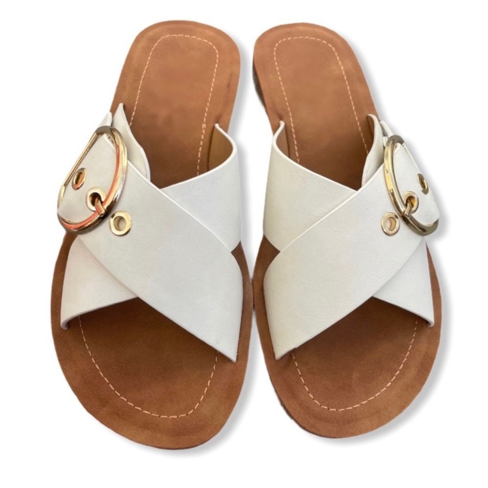 Off white adjustable gold accent buckle criss cross sandals